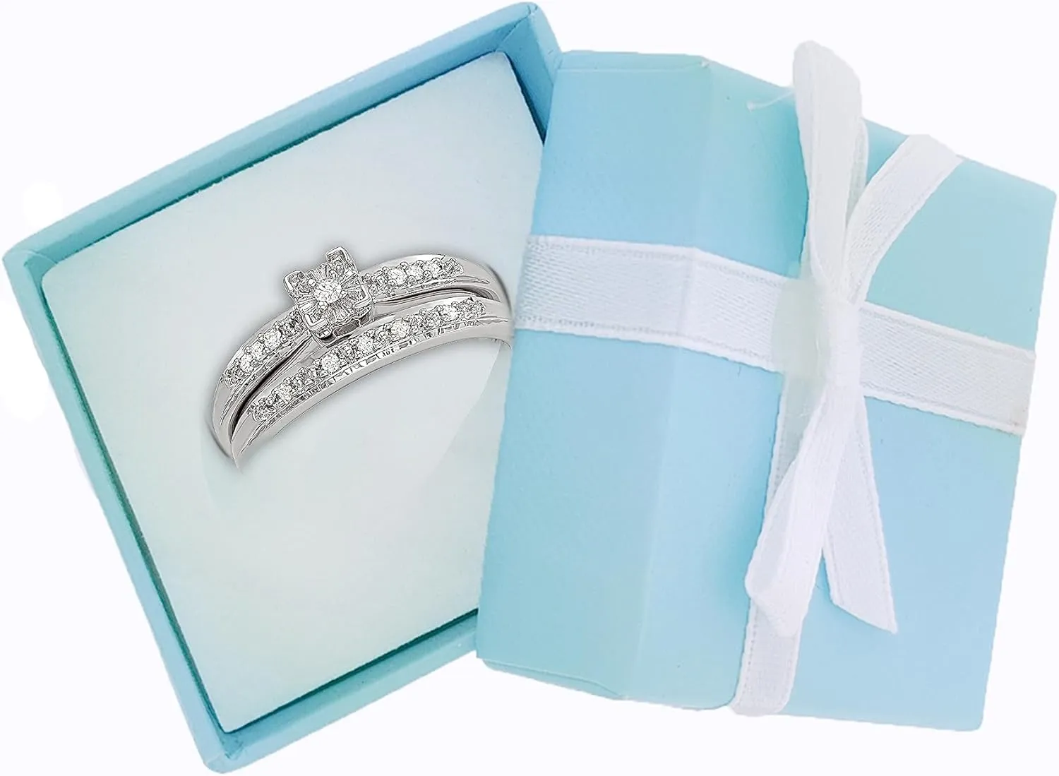 1/10 Carat Total Weight (cttw) 925 Sterling Silver Diamond Bridal Engagement Wedding Ring Set For Women