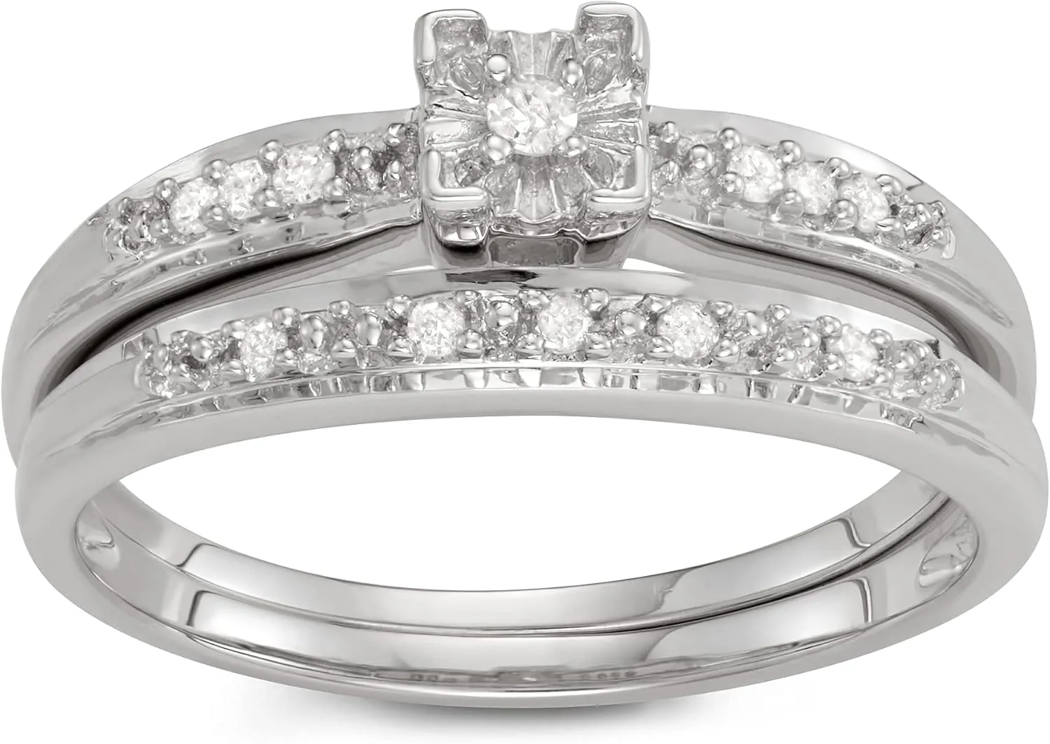 1/10 Carat Total Weight (cttw) 925 Sterling Silver Diamond Bridal Engagement Wedding Ring Set For Women