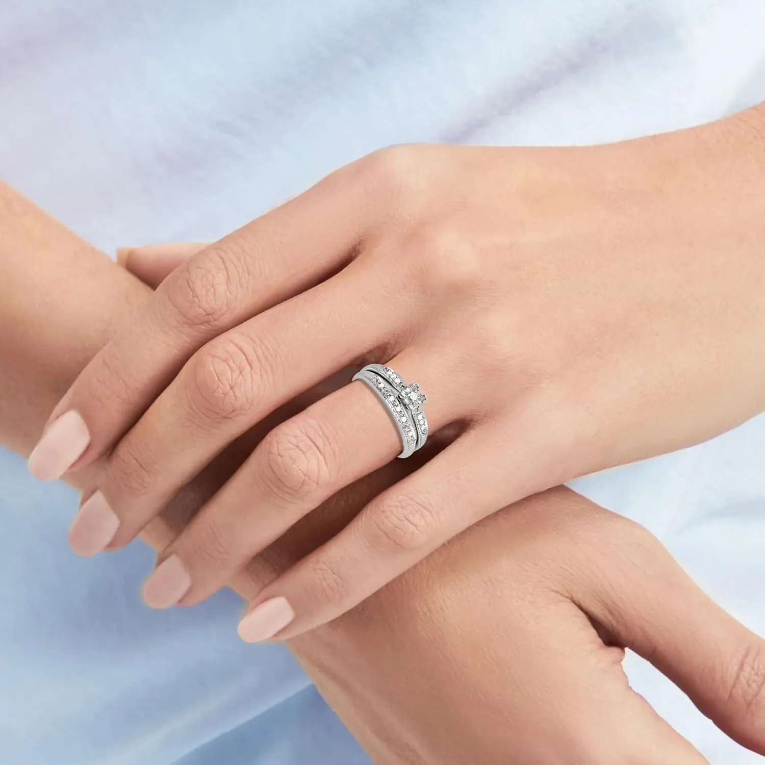 1/10 Carat Total Weight (cttw) 925 Sterling Silver Diamond Bridal Engagement Wedding Ring Set For Women