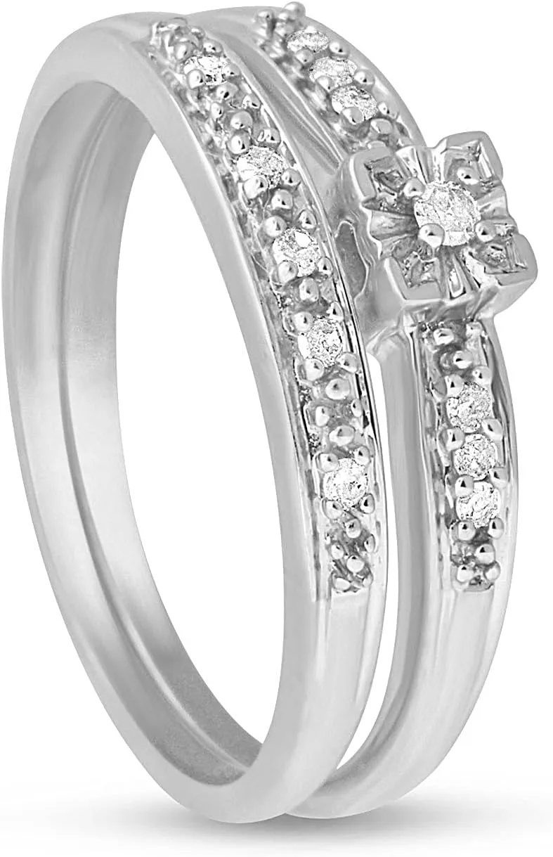 1/10 Carat Total Weight (cttw) 925 Sterling Silver Diamond Bridal Engagement Wedding Ring Set For Women