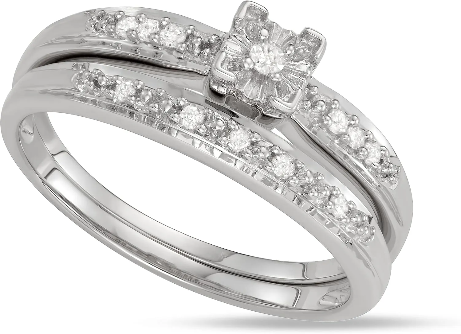 1/10 Carat Total Weight (cttw) 925 Sterling Silver Diamond Bridal Engagement Wedding Ring Set For Women