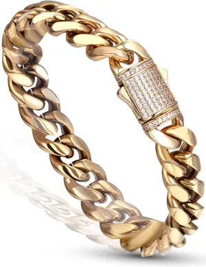 12mm Miami Cuban Link Bracelet 14K REAL Gold Plated Hypoallergenic Premium Stainless Steel Hip Hop Jewelry For Men Women Father Day Birthday Gift (No Color Fade, Double-sided Iced Out Clasp)