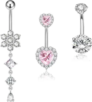 14G Belly Button Ring Cute Pink Heart Belly Rings for Women Surgical Steel CZ Butterfly Dangle Belly Piercing Jewelry Heart-Butterfly-Flower