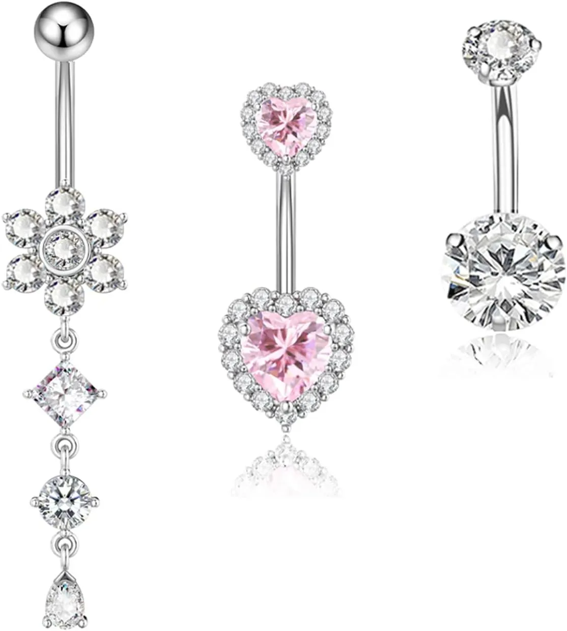 14G Belly Button Ring Cute Pink Heart Belly Rings for Women Surgical Steel CZ Butterfly Dangle Belly Piercing Jewelry Heart-Butterfly-Flower