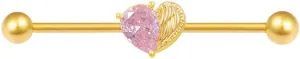 14G Pink CZ Heart Industrial Barbell Earring for Women 18K Gold Plated Stainless Steel Love Heart Cartilage Industrial Earring 38mm Industrial Piercing Jewelry