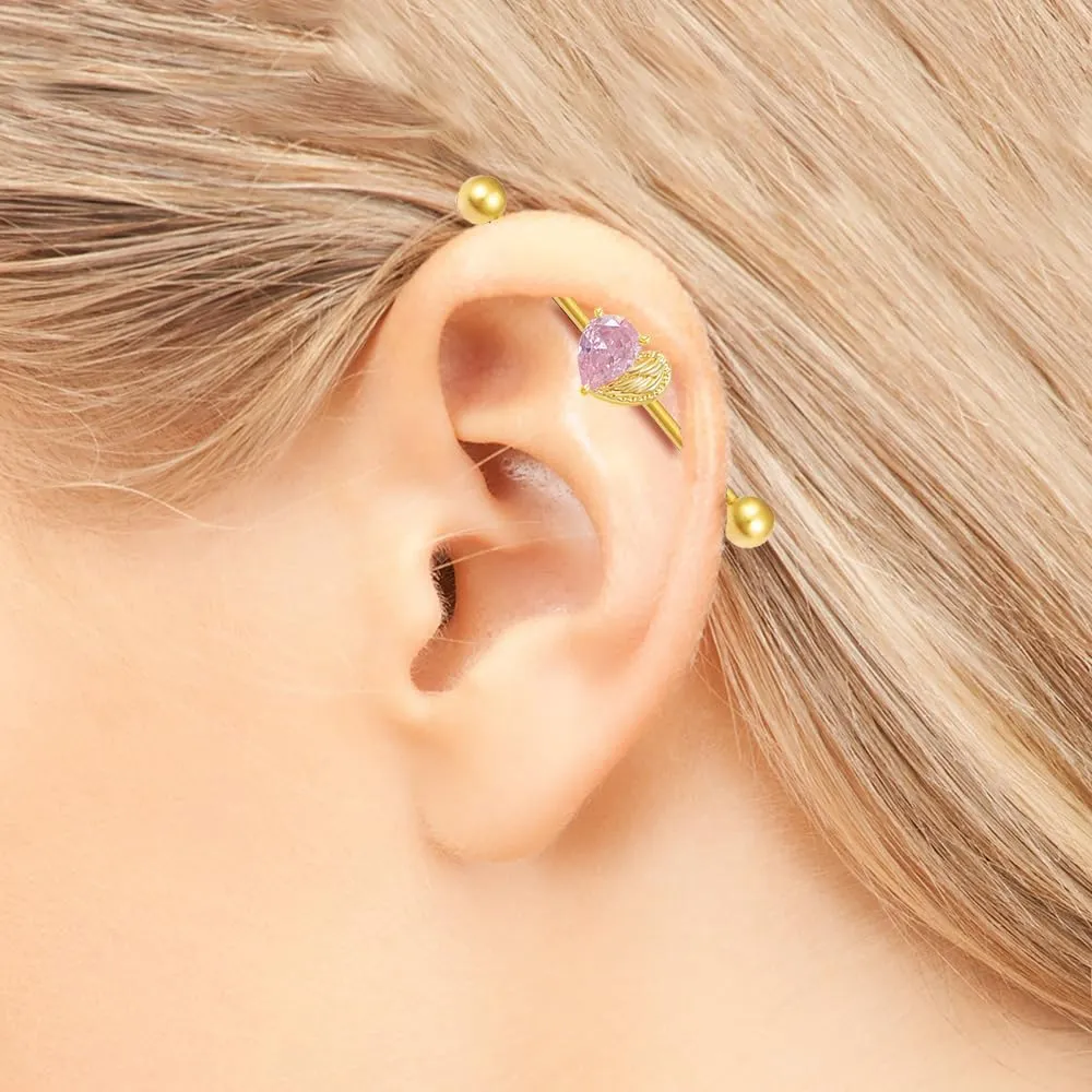 14G Pink CZ Heart Industrial Barbell Earring for Women 18K Gold Plated Stainless Steel Love Heart Cartilage Industrial Earring 38mm Industrial Piercing Jewelry