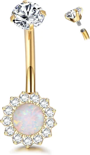 14G Titanium Belly Button Ring for Women AAAAAA Cubic Zirconia Belly Button Rings Flower Opal 10mm Gold Plated Belly Ring Halo Internally Threaded Navel Body Belly Piercing