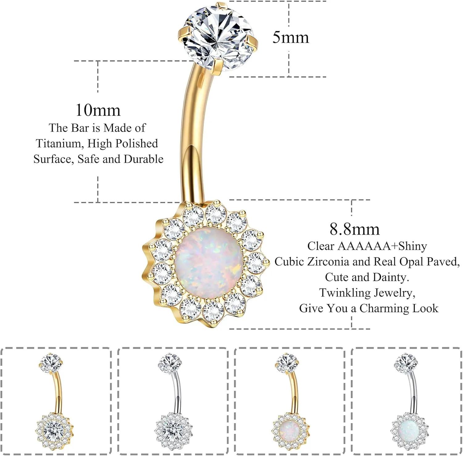 14G Titanium Belly Button Ring for Women AAAAAA Cubic Zirconia Belly Button Rings Flower Opal 10mm Gold Plated Belly Ring Halo Internally Threaded Navel Body Belly Piercing