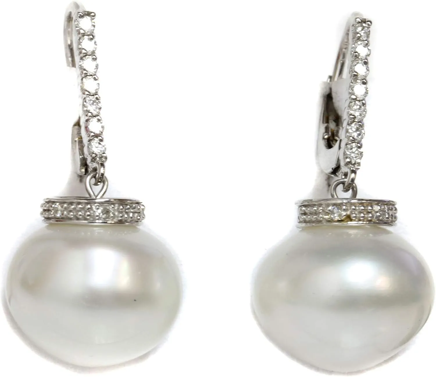 14k Gold - Australian South Sea Pearl Diamond Earrings 14.5 MM White Leverback