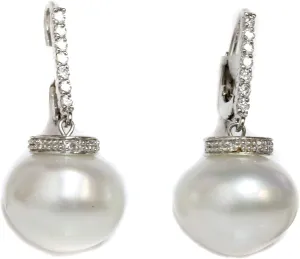 14k Gold - Australian South Sea Pearl Diamond Earrings 14.5 MM White Leverback