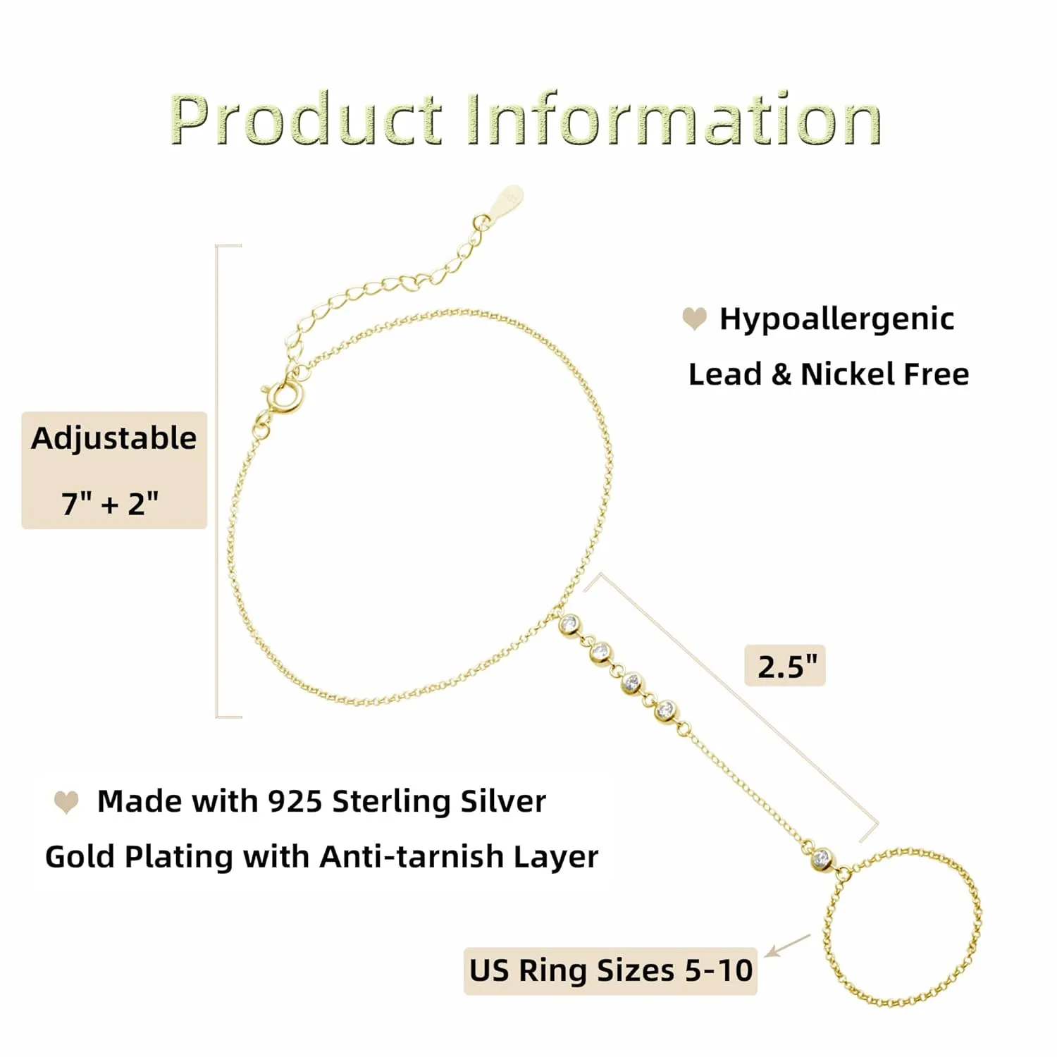 14K Gold Black CZ Finger Ring Bracelet Hand Chain for Women, 925 Sterling Silver Black Jewelry Slave Bracelets 7" to 9" Adjustable