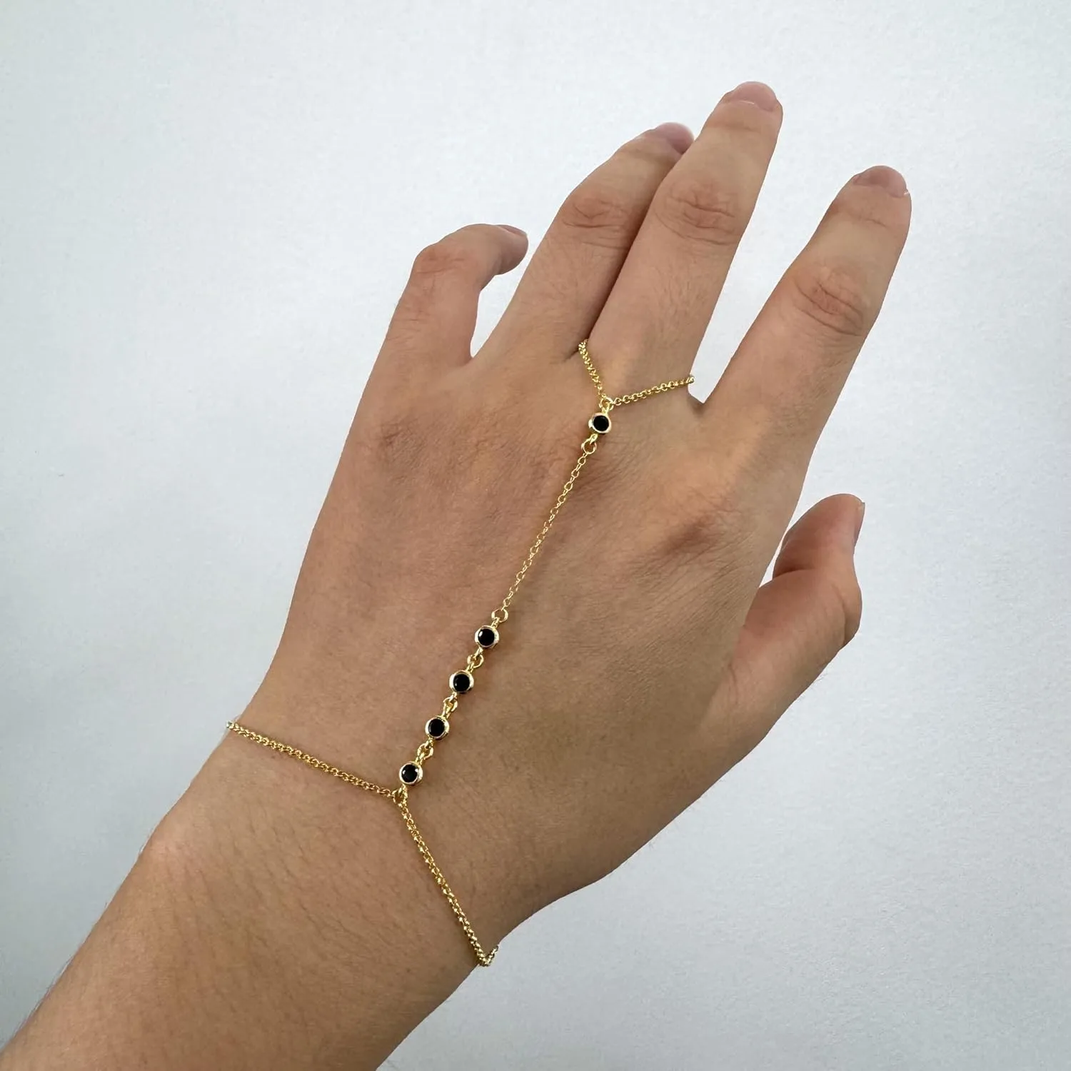 14K Gold Black CZ Finger Ring Bracelet Hand Chain for Women, 925 Sterling Silver Black Jewelry Slave Bracelets 7" to 9" Adjustable