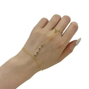 14K Gold Black CZ Finger Ring Bracelet Hand Chain for Women, 925 Sterling Silver Black Jewelry Slave Bracelets 7" to 9" Adjustable