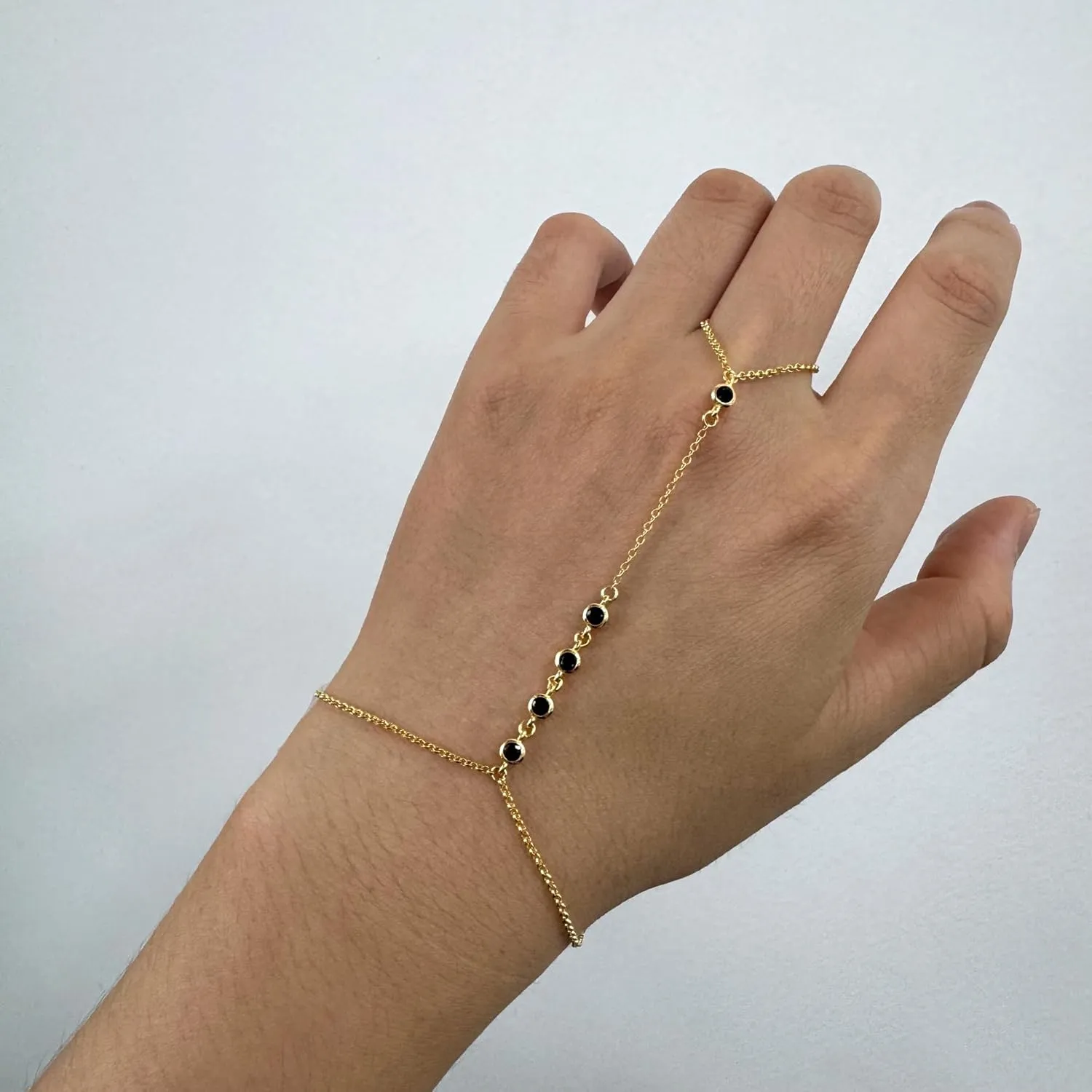 14K Gold Black CZ Finger Ring Bracelet Hand Chain for Women, 925 Sterling Silver Black Jewelry Slave Bracelets 7" to 9" Adjustable