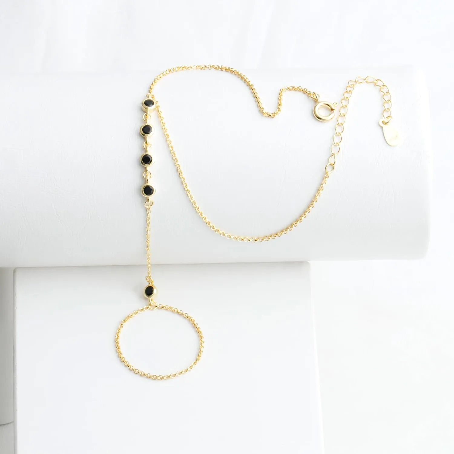 14K Gold Black CZ Finger Ring Bracelet Hand Chain for Women, 925 Sterling Silver Black Jewelry Slave Bracelets 7" to 9" Adjustable