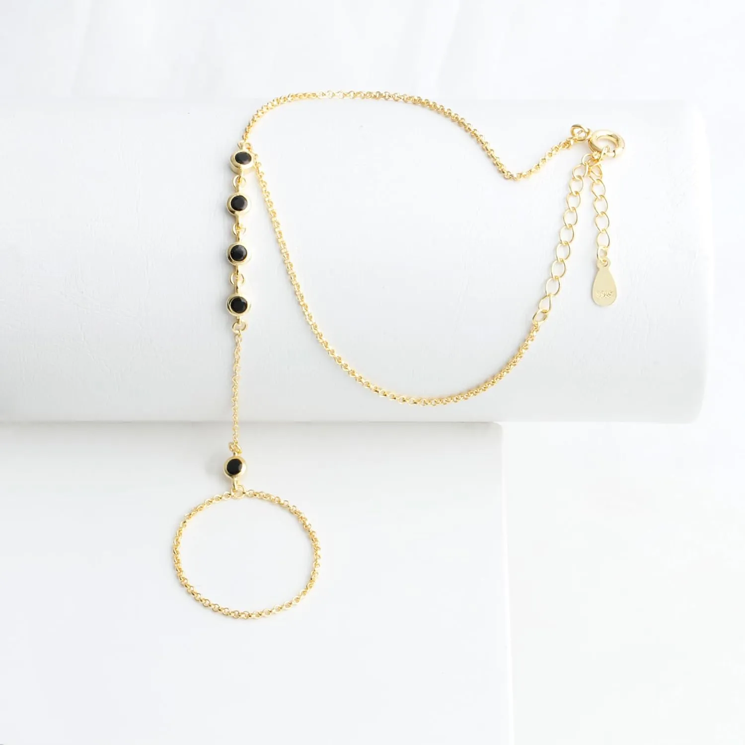 14K Gold Black CZ Finger Ring Bracelet Hand Chain for Women, 925 Sterling Silver Black Jewelry Slave Bracelets 7" to 9" Adjustable
