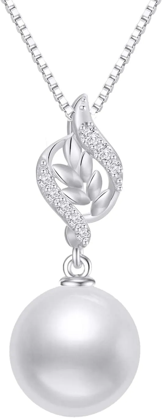 14k Gold Diamond Leaves Pearl Necklaces for Women, Real Gold Box Chain and Pendant, Anniversary Present for Wife, Christmas Jewelry Gifts for Her, 16-18 In