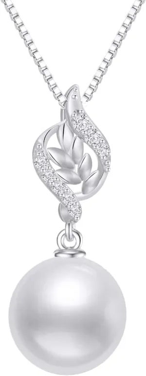 14k Gold Diamond Leaves Pearl Necklaces for Women, Real Gold Box Chain and Pendant, Anniversary Present for Wife, Christmas Jewelry Gifts for Her, 16-18 In