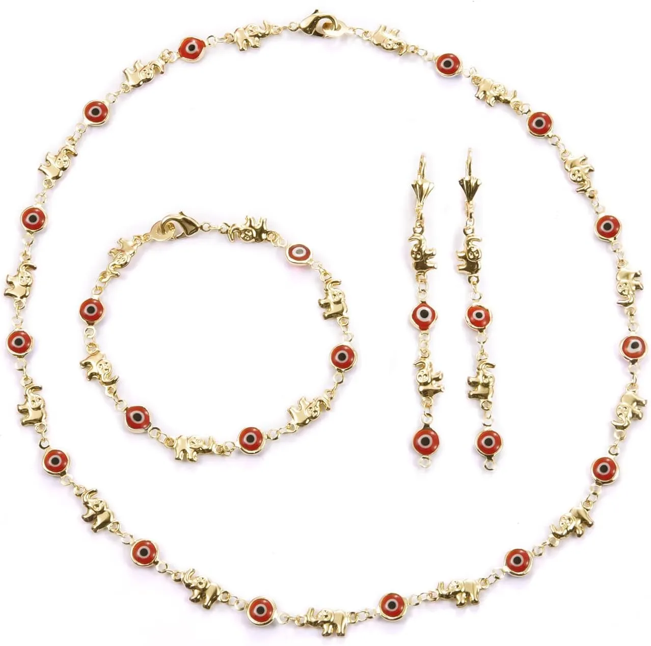14K Gold Plated Evil Eye Braceles Earrings and Necklace for Women Elephant Jewelry Set