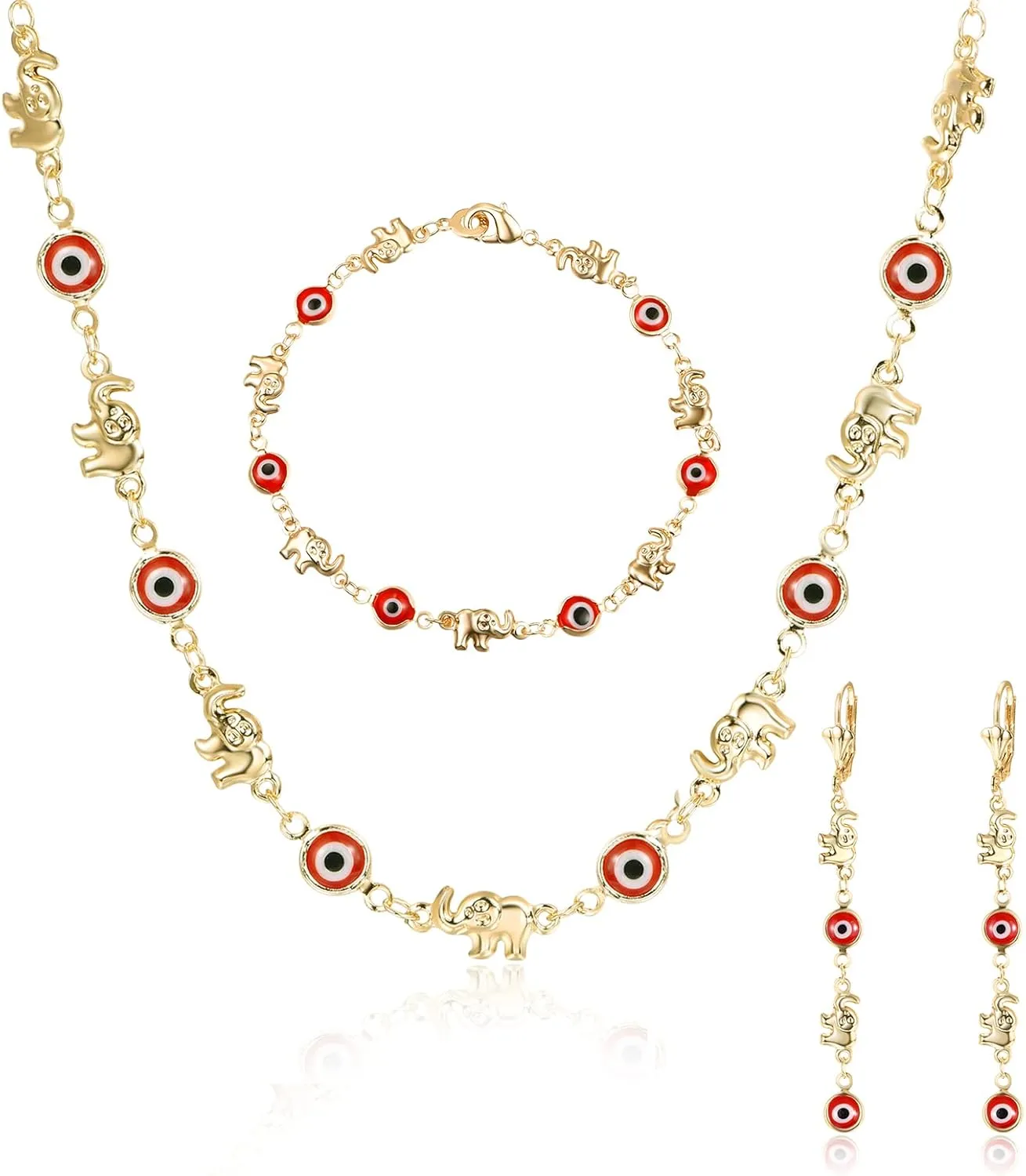 14K Gold Plated Evil Eye Braceles Earrings and Necklace for Women Elephant Jewelry Set