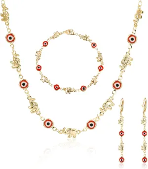 14K Gold Plated Evil Eye Braceles Earrings and Necklace for Women Elephant Jewelry Set