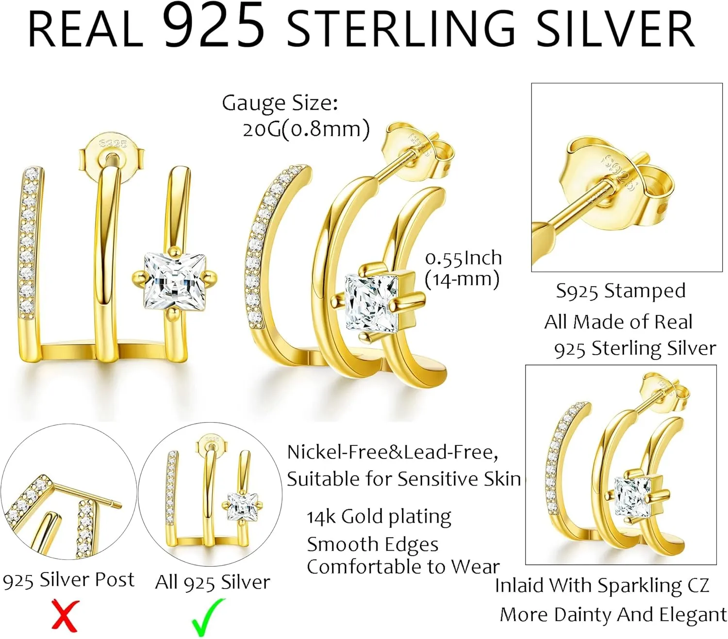 14K Gold Plated Huggie Hoop Earrings Sterling Silver Open Half Hoop Earrings Lightweight Double Small Hoop Earrings for Women