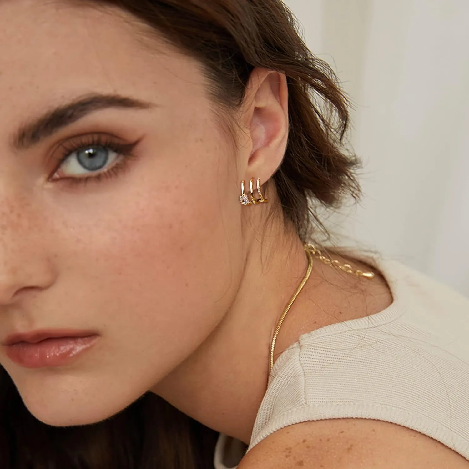 14K Gold Plated Huggie Hoop Earrings Sterling Silver Open Half Hoop Earrings Lightweight Double Small Hoop Earrings for Women