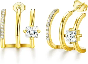 14K Gold Plated Huggie Hoop Earrings Sterling Silver Open Half Hoop Earrings Lightweight Double Small Hoop Earrings for Women