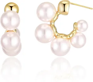 14K Gold Plated Pearl Hoop Earrings for Women, Trendy Pearl Earrings Cuff Lightweight Hypoallergenic Jewelry for Her