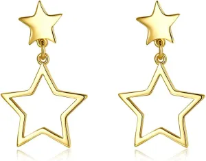 14K Gold Plated Star Dangle Christmas Earrings Drop Style Nice Gift For Women Party Hollow Star Small Dangling Cute Hypoallergenic Stud Post Fashion Jewelry
