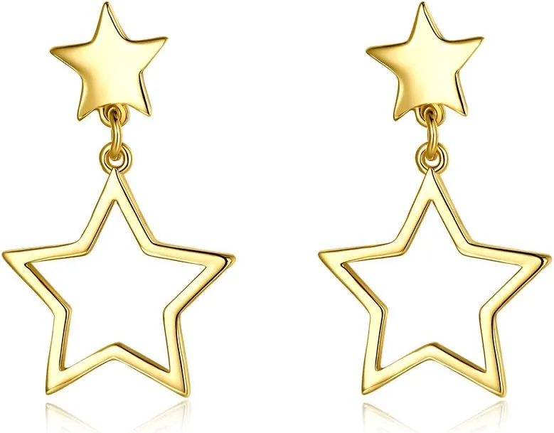 14K Gold Plated Star Dangle Christmas Earrings Drop Style Nice Gift For Women Party Hollow Star Small Dangling Cute Hypoallergenic Stud Post Fashion Jewelry