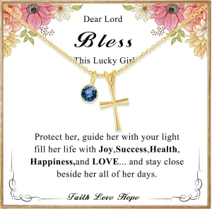 14K Gold Plated Sterling Birthstone Cross Necklace for Girls Kids Hypoallergenic First Communion Baptism Confirmation Gifts for Teenage Girls Age Daughter