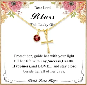 14K Gold Plated Sterling Birthstone Cross Necklace for Girls Kids Hypoallergenic First Communion Baptism Confirmation Gifts for Teenage Girls Age Daughter