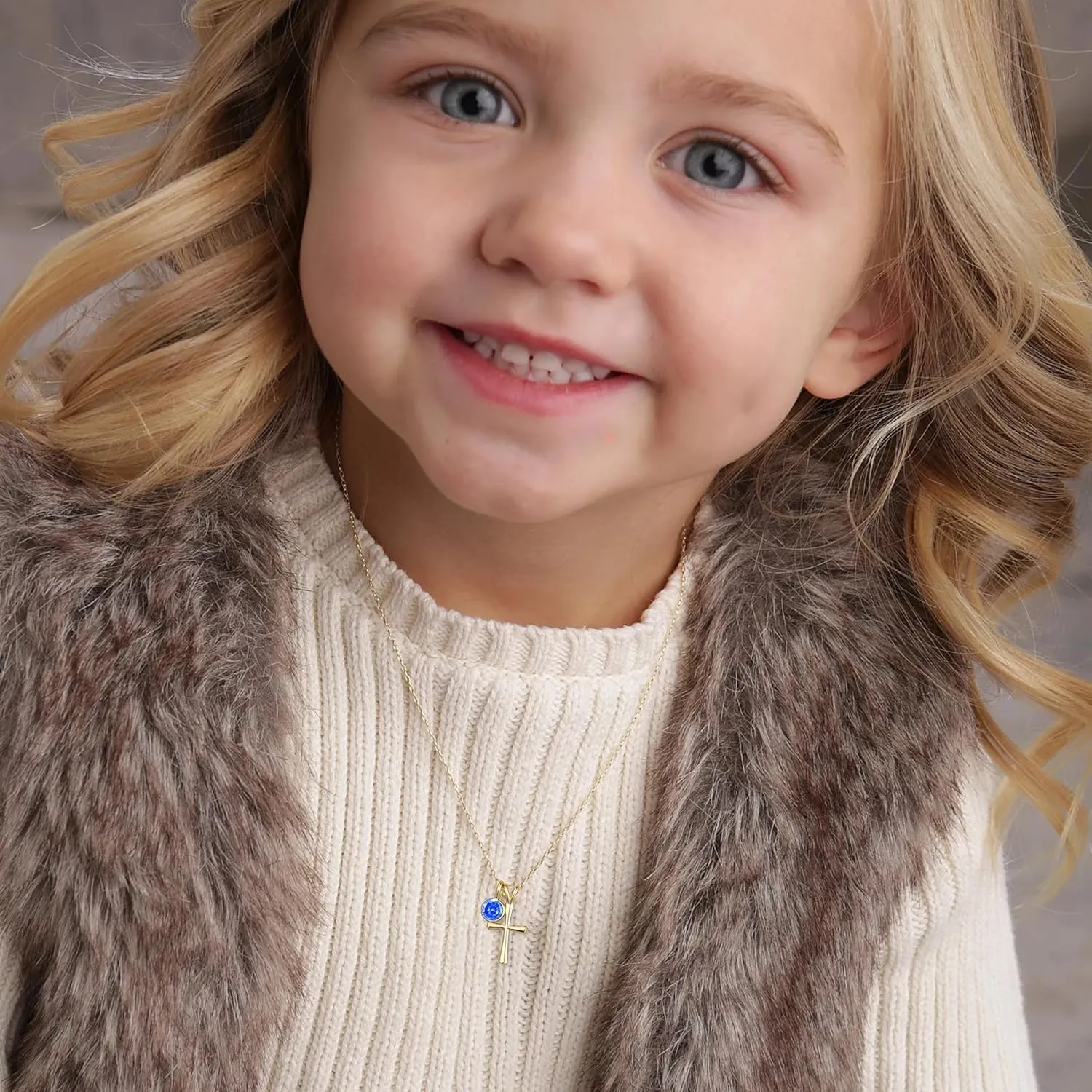 14K Gold Plated Sterling Birthstone Cross Necklace for Girls Kids Hypoallergenic First Communion Baptism Confirmation Gifts for Teenage Girls Age Daughter