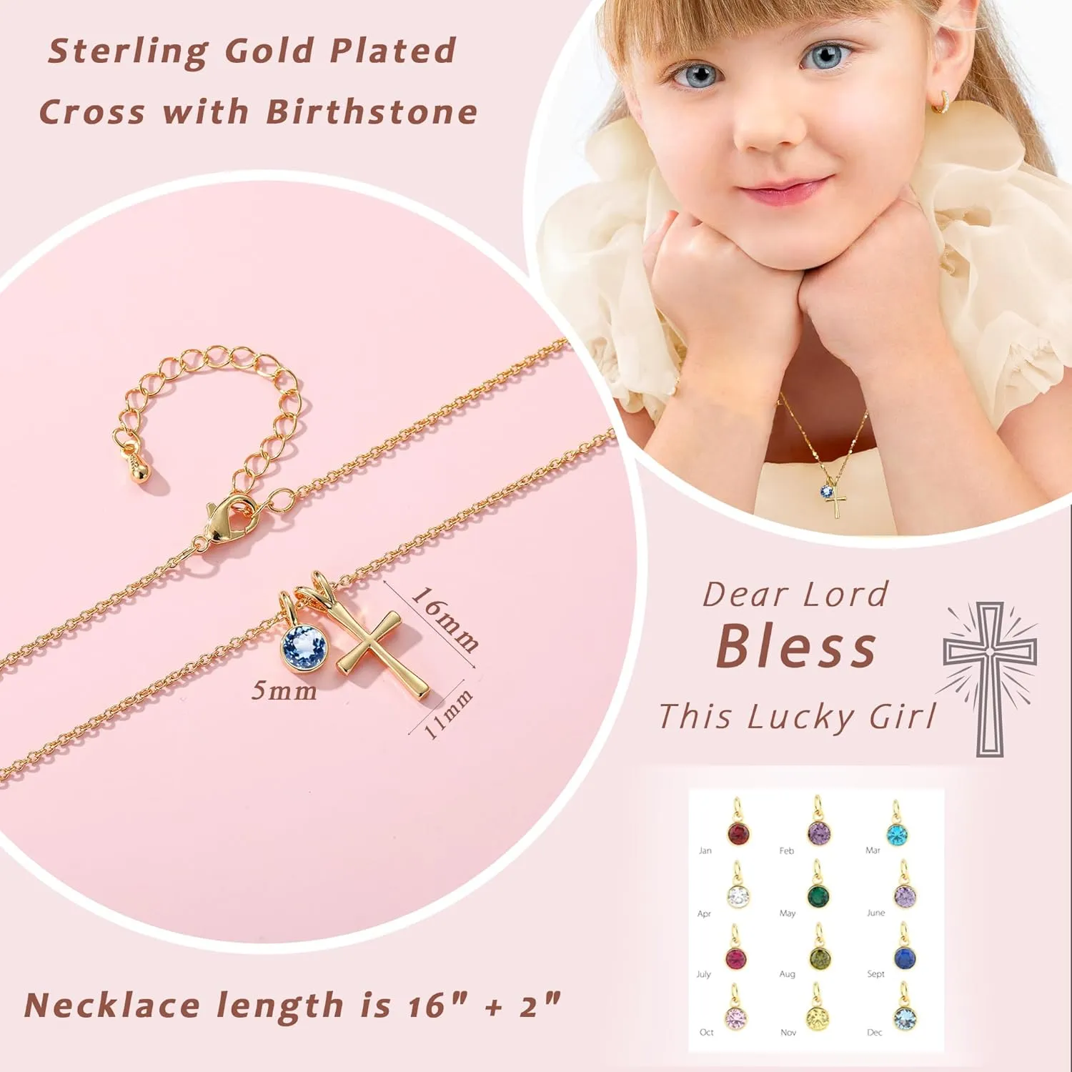 14K Gold Plated Sterling Birthstone Cross Necklace for Girls Kids Hypoallergenic First Communion Baptism Confirmation Gifts for Teenage Girls Age Daughter