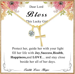 14K Gold Plated Sterling Birthstone Cross Necklace for Girls Kids Hypoallergenic First Communion Baptism Confirmation Gifts for Teenage Girls Age Daughter