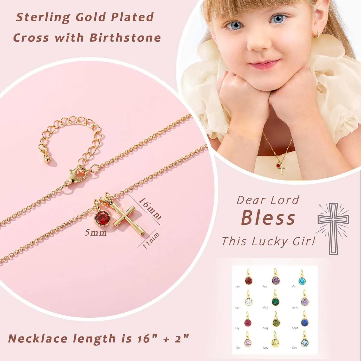 14K Gold Plated Sterling Birthstone Cross Necklace for Girls Kids Hypoallergenic First Communion Baptism Confirmation Gifts for Teenage Girls Age Daughter