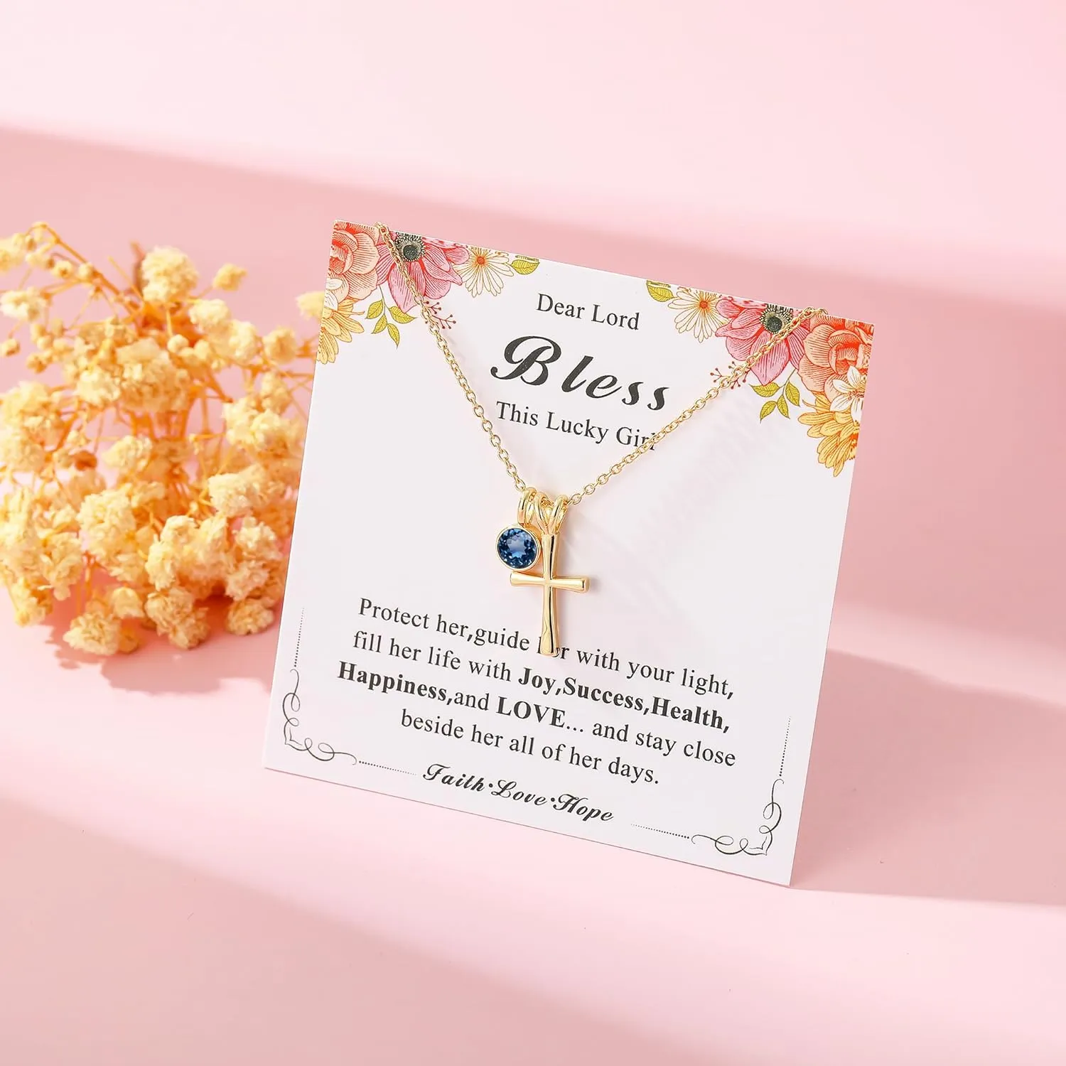 14K Gold Plated Sterling Birthstone Cross Necklace for Girls Kids Hypoallergenic First Communion Baptism Confirmation Gifts for Teenage Girls Age Daughter