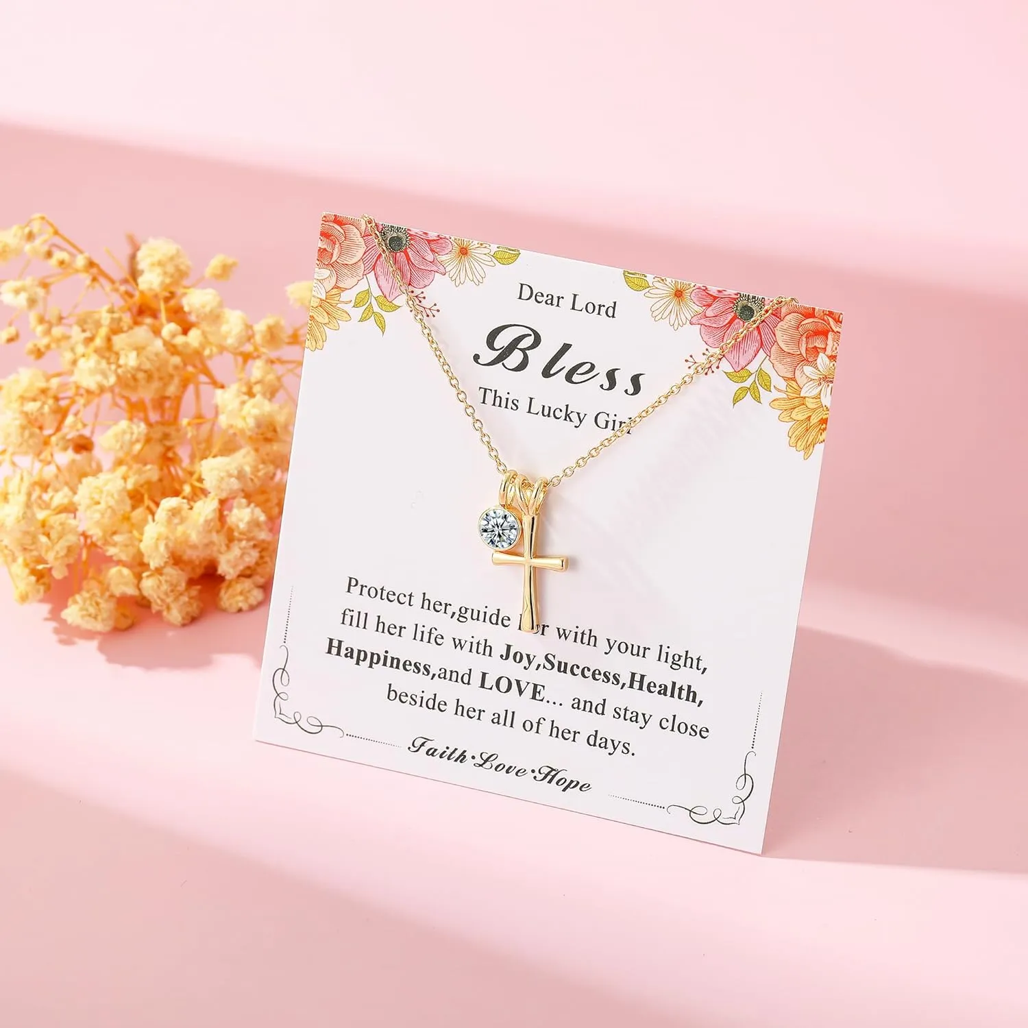 14K Gold Plated Sterling Birthstone Cross Necklace for Girls Kids Hypoallergenic First Communion Baptism Confirmation Gifts for Teenage Girls Age Daughter