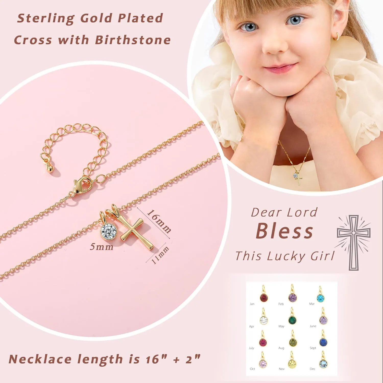 14K Gold Plated Sterling Birthstone Cross Necklace for Girls Kids Hypoallergenic First Communion Baptism Confirmation Gifts for Teenage Girls Age Daughter