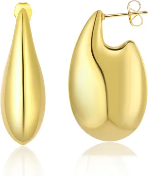 14K Gold Plated Teardrop Chunky Hoop Earrings | Minimalist Lightweight Water drop Earrings for Women