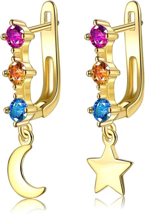 14K Rose Gold Huggie Stud Earrings for Women Gold Hoop Earrings Multicolored Crystal Elements Fashion Bridal Jewelry