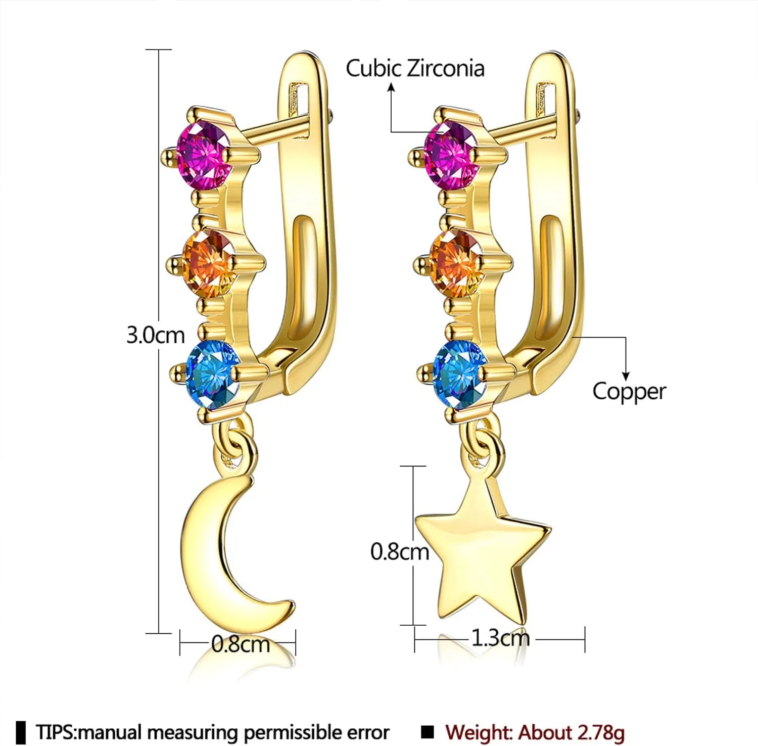 14K Rose Gold Huggie Stud Earrings for Women Gold Hoop Earrings Multicolored Crystal Elements Fashion Bridal Jewelry