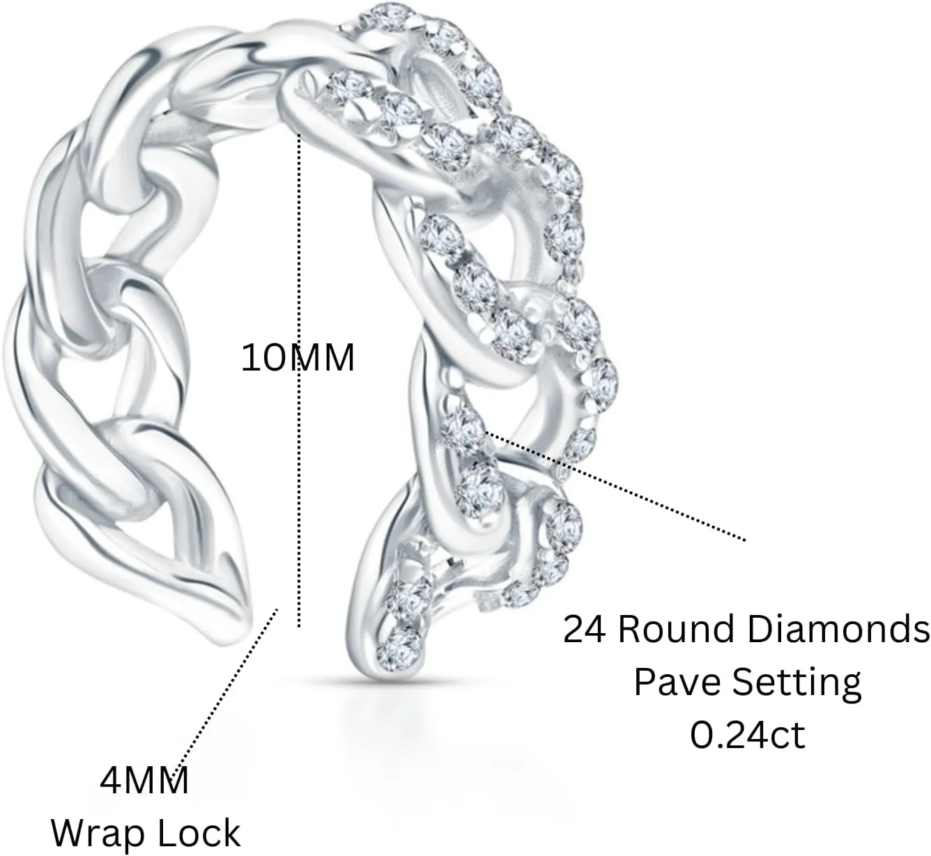 14k White Gold Diamond(0.15ct) Cuban Link Open Ear Cuff, Non-Pierced Cartilage Cuff Earring, Handmade Dainty Jewelry Gift for Her.