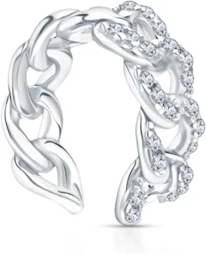 14k White Gold Diamond(0.15ct) Cuban Link Open Ear Cuff, Non-Pierced Cartilage Cuff Earring, Handmade Dainty Jewelry Gift for Her.