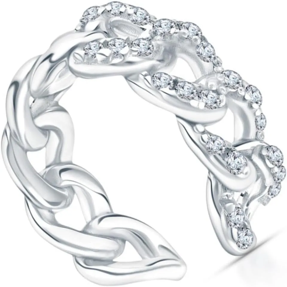 14k White Gold Diamond(0.15ct) Cuban Link Open Ear Cuff, Non-Pierced Cartilage Cuff Earring, Handmade Dainty Jewelry Gift for Her.
