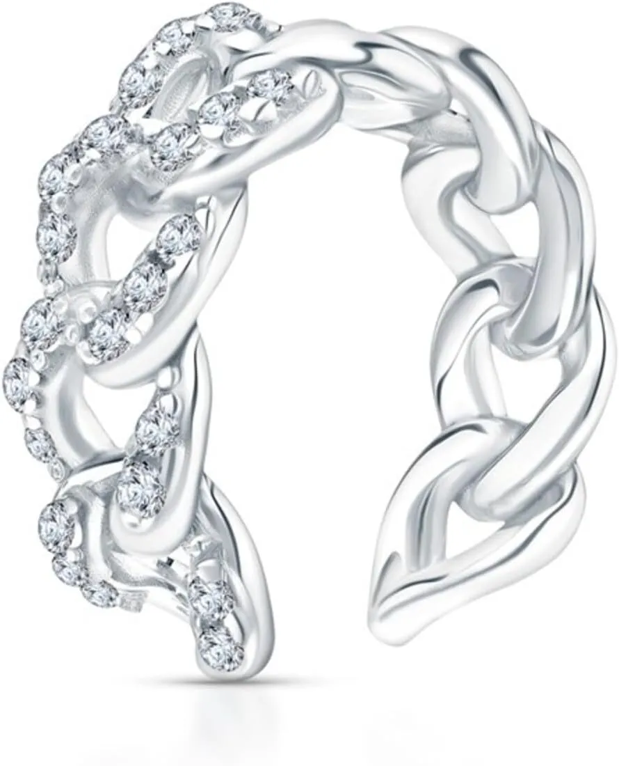 14k White Gold Diamond(0.15ct) Cuban Link Open Ear Cuff, Non-Pierced Cartilage Cuff Earring, Handmade Dainty Jewelry Gift for Her.