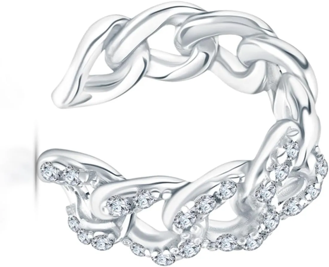 14k White Gold Diamond(0.15ct) Cuban Link Open Ear Cuff, Non-Pierced Cartilage Cuff Earring, Handmade Dainty Jewelry Gift for Her.