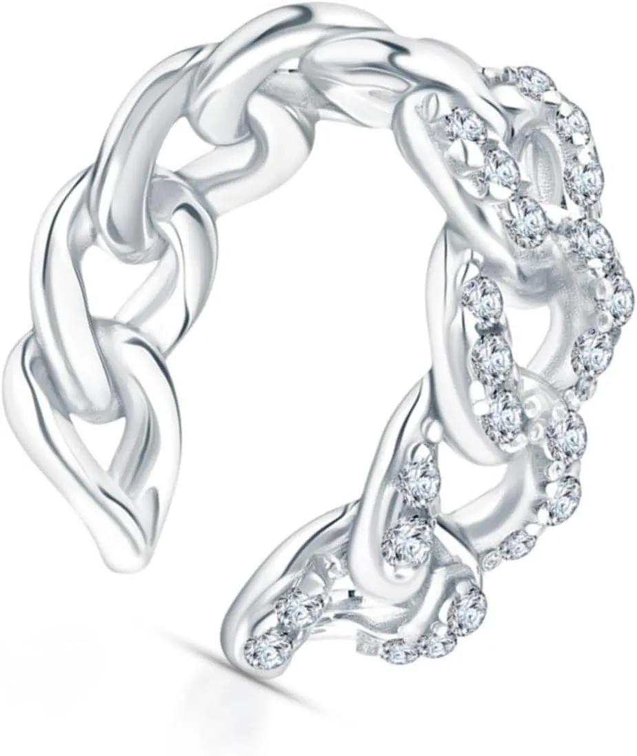14k White Gold Diamond(0.15ct) Cuban Link Open Ear Cuff, Non-Pierced Cartilage Cuff Earring, Handmade Dainty Jewelry Gift for Her.