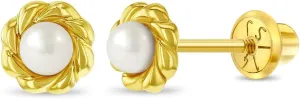 14k Yellow Gold Young Girl's Cultured Pearl Braided Bezel Screw Back Earrings - Small Beautiful Stud Earrings for Children